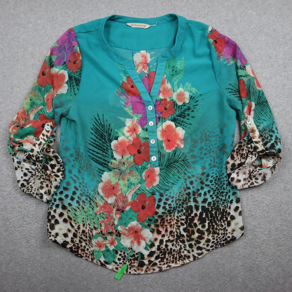 Soft Surroundings Blouse Womens S Teal Floral Leopard Tropical Roll Tab Sleeve